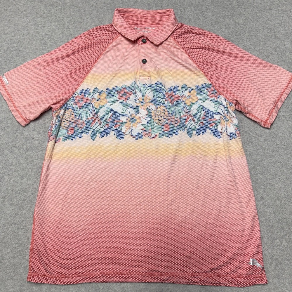 Tommy Bahama Polo Shirt Mens Medium Red IslandZone Floral Print Golf Casual